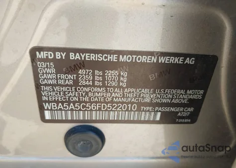 2015 BMW 528I из США, поврежденный, VIN WBA5A5C56FD522010